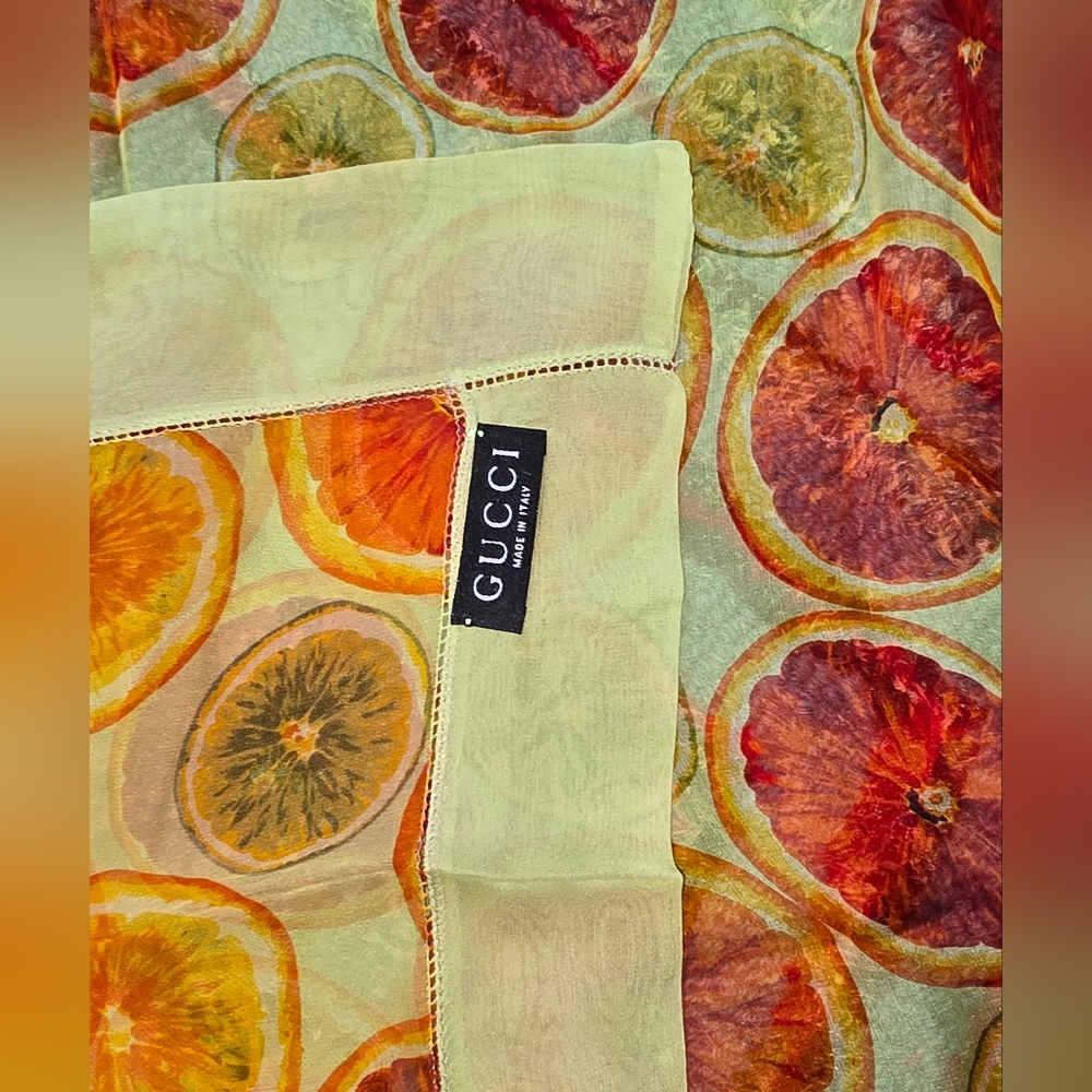 EUC Authentic Gucci Citrus Print Long 100% Silk Scarf 64"x26"‎ - Picture 7 of 9
